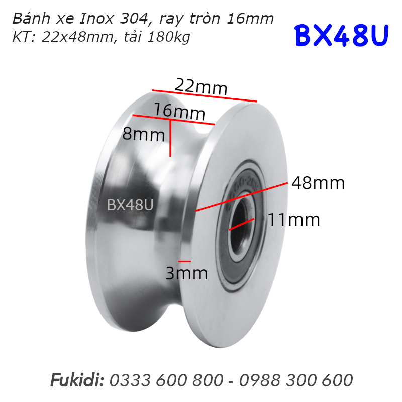 Bánh xe cửa cổng lùa inox 304 ray U size 22x48mm BX2248U