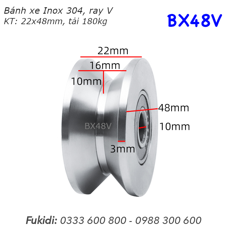 Bánh xe cổng lùa inox 304 ray V size 22x48mm BX2248V