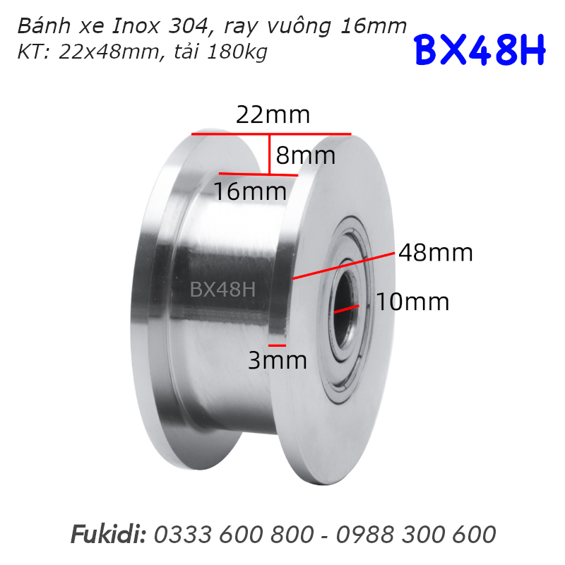 Bánh xe cửa cổng lùa inox 304 ray H size 22x48mm BX2248H