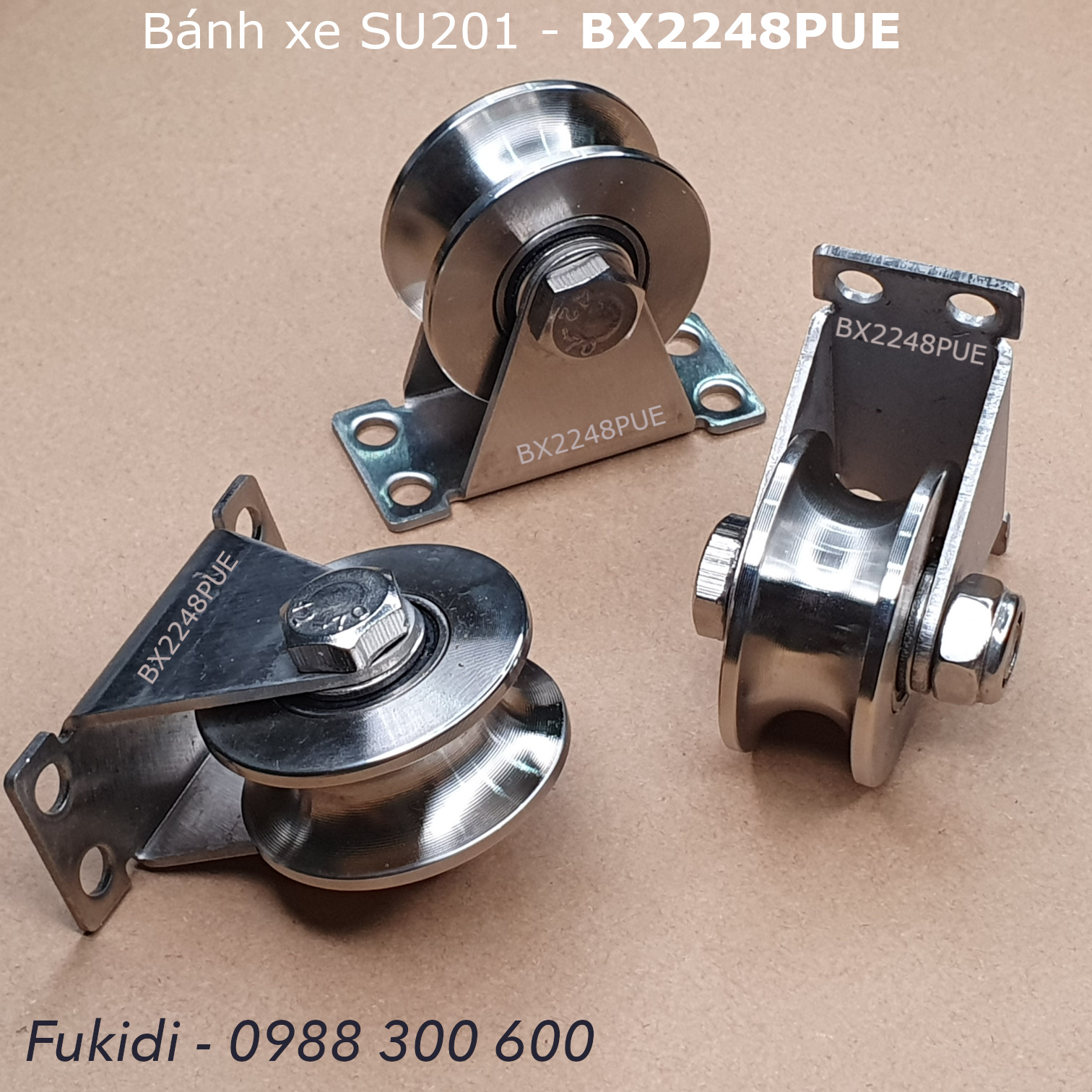 Bánh xe inox 201 chạy trên ray tròn phi 16mm, KT 22x48mm tải trọng 200kg - BX2248PUE