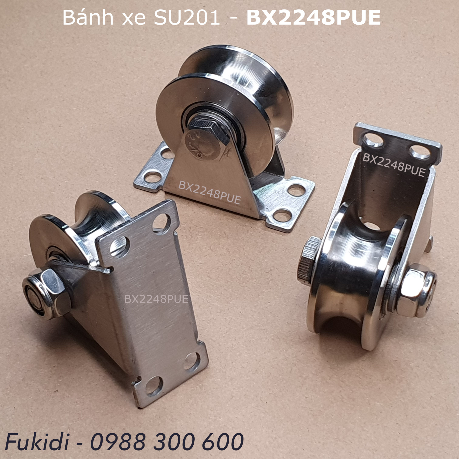 Bánh xe inox 201 chạy trên ray tròn phi 16mm, KT 22x48mm tải trọng 200kg - BX2248PUE