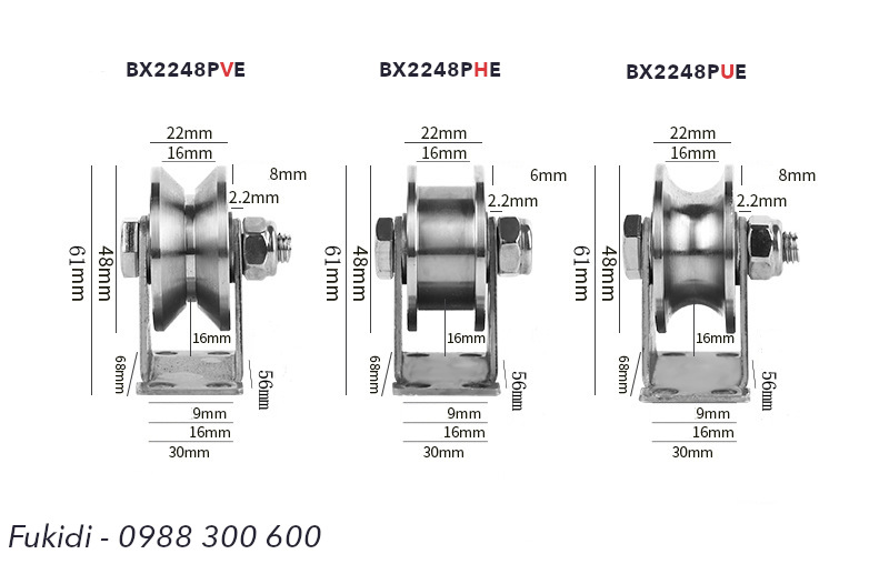 Kích thước ba loại bánh xe BX2248PVE, BX2248PUE và BX2248PHE