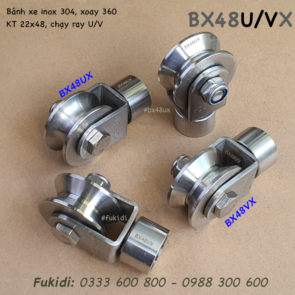 Bánh xe inox 304, xoay 360 ray V KT 22x48mm tải trọng 180kg - BX2248VX