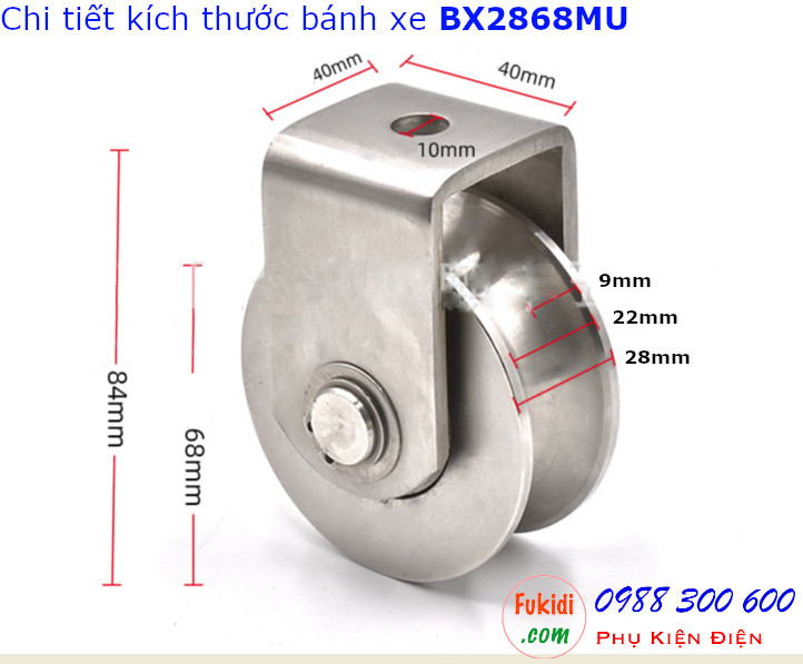 Bánh xe cửa cổng ray V inox 304 kích thước 28x68mm tải 480kg - BX2868MV