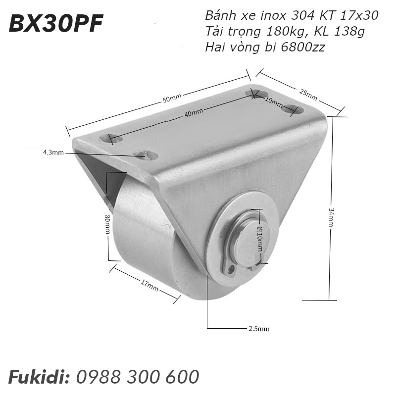 Bánh xe inox 304 KT 17x30mm, tải trọng 180kg - BX30PF
