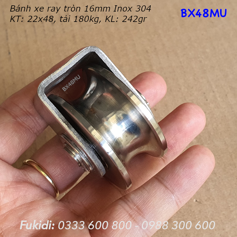 Bánh xe Inox 304, KT 22x48mm, chạy ray tròn 16mm, tải trọng 180kg - BX48MU