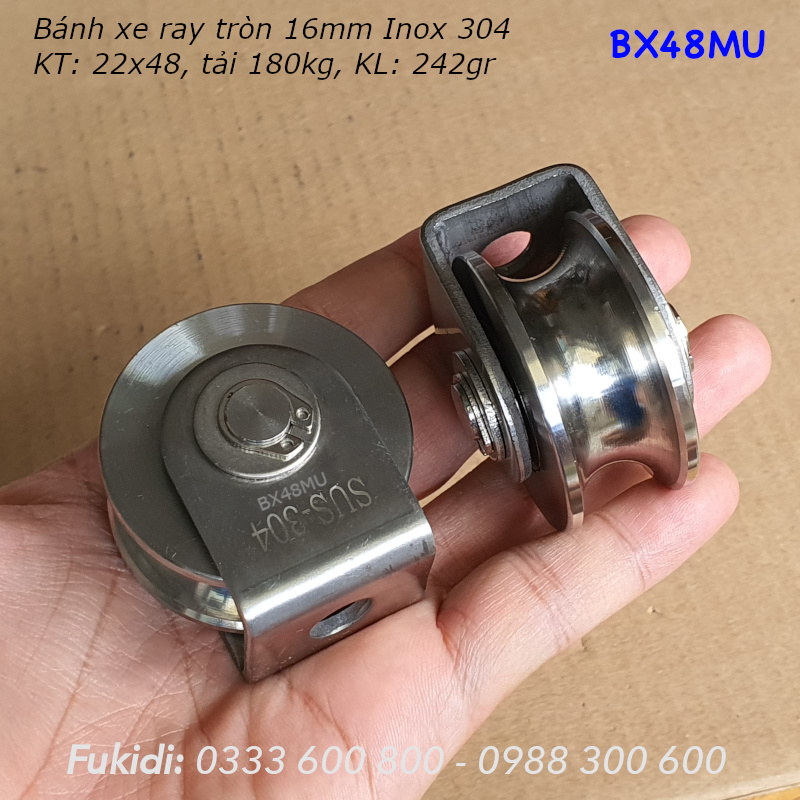 Bánh xe Inox 304, KT 22x48mm, chạy ray tròn 16mm, tải trọng 180kg - BX48MU