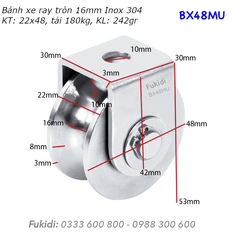 Bánh xe Inox 304, KT 22x48mm, chạy ray tròn 16mm, tải trọng 180kg - BX48MU