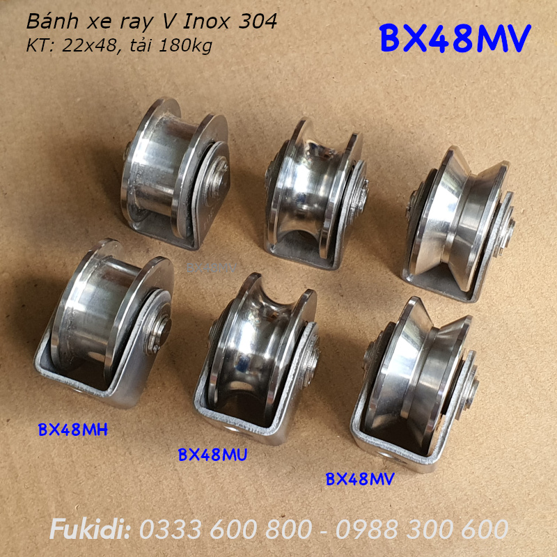 Bánh xe Inox 304, KT 22x48mm, chạy ray tròn 16mm, tải trọng 180kg - BX48MU