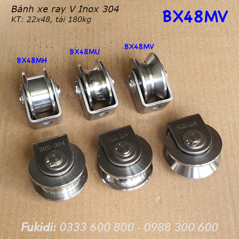 Bánh xe cửa cổng Inox 304, KT 22x48mm, chạy ray V, tải trọng tối đa 180kg - BX48MV