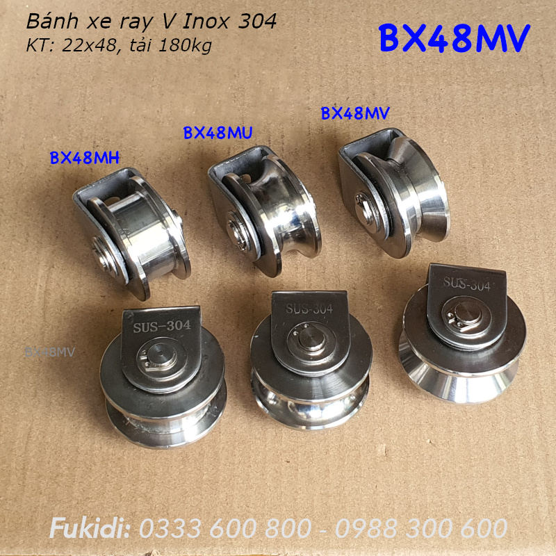 Bánh xe Inox 304, KT 22x48mm, chạy ray tròn 16mm, tải trọng 180kg - BX48MU