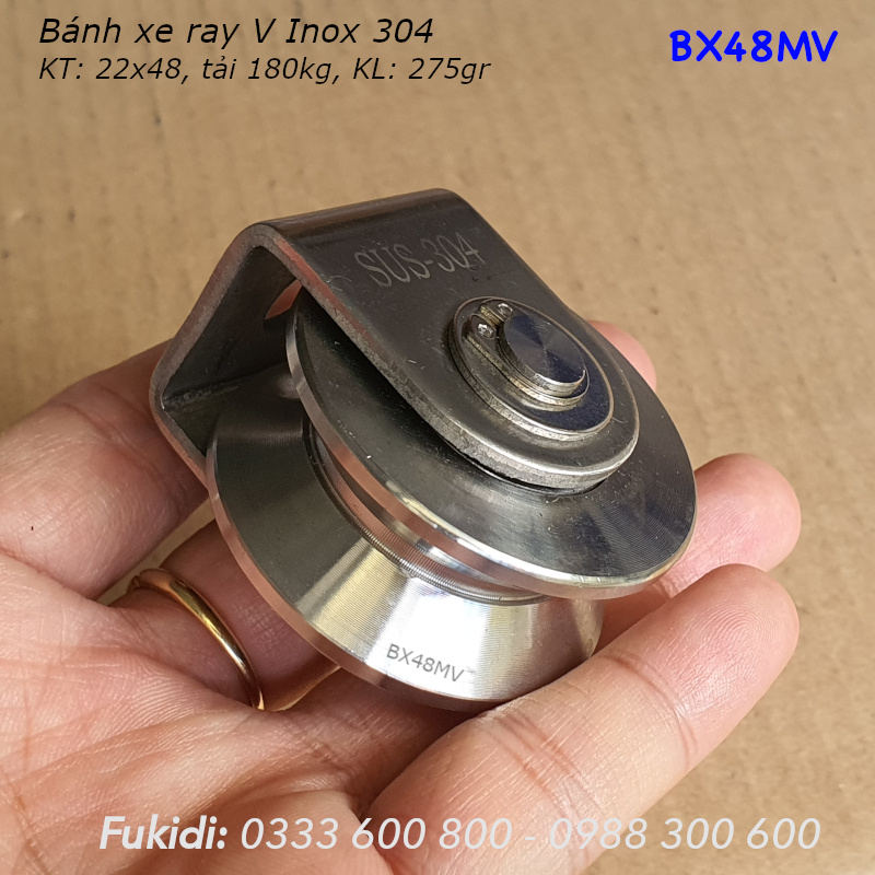 Bánh xe cửa cổng Inox 304, KT 22x48mm, chạy ray V, tải trọng tối đa 180kg - BX48MV