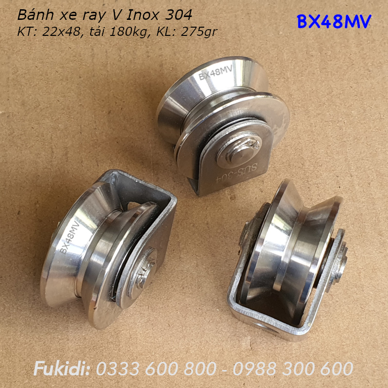 Bánh xe cửa cổng Inox 304, KT 22x48mm, chạy ray V, tải trọng tối đa 180kg - BX48MV