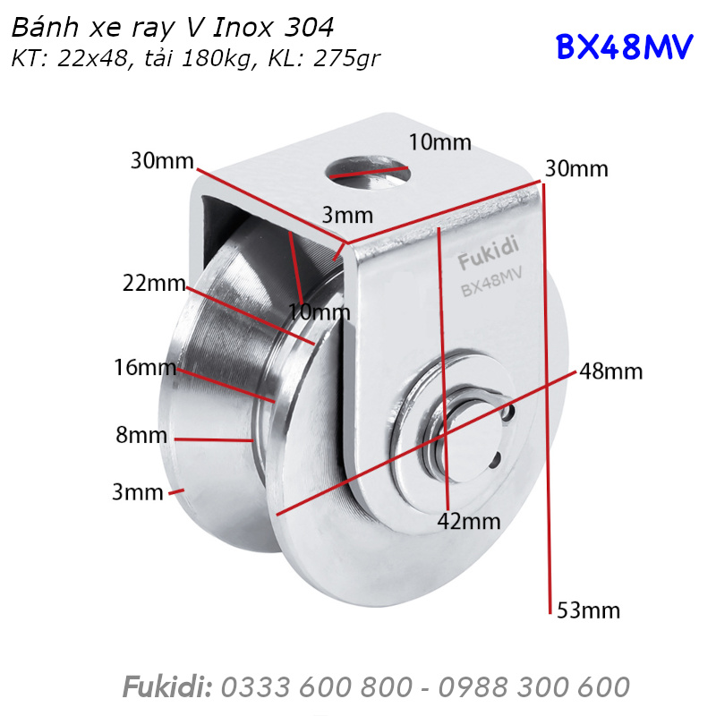 Bánh xe cửa cổng Inox 304, KT 22x48mm, chạy ray V, tải trọng tối đa 180kg - BX48MV