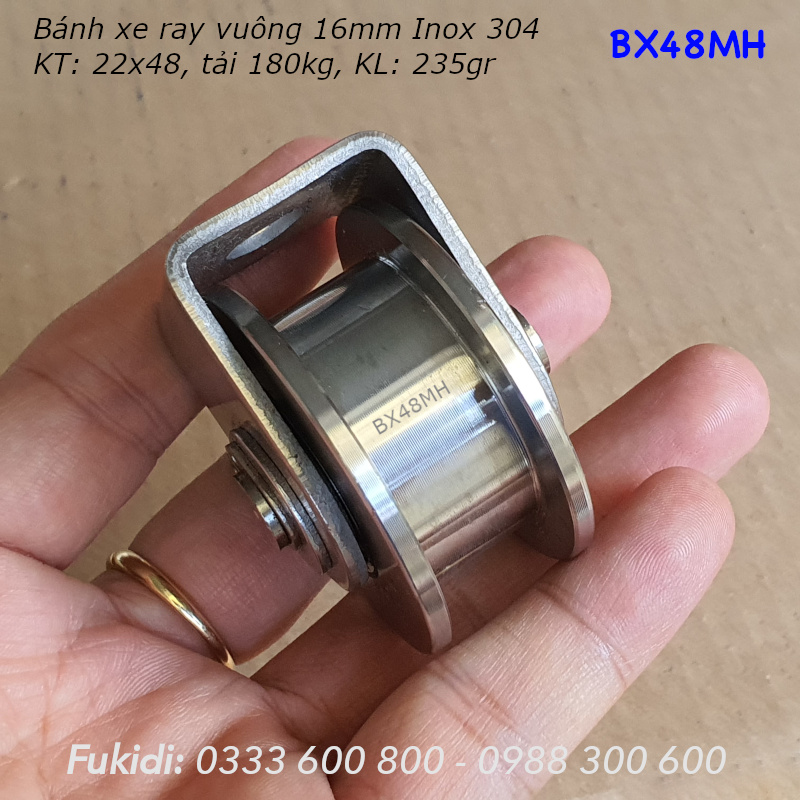 Bánh xe Inox 304, KT 22x48mm, chạy ray vuông 16mm, tải trọng 180kg - BX48MH
