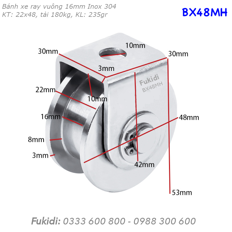 Bánh xe Inox 304, KT 22x48mm, chạy ray vuông 16mm, tải trọng 180kg - BX48MH