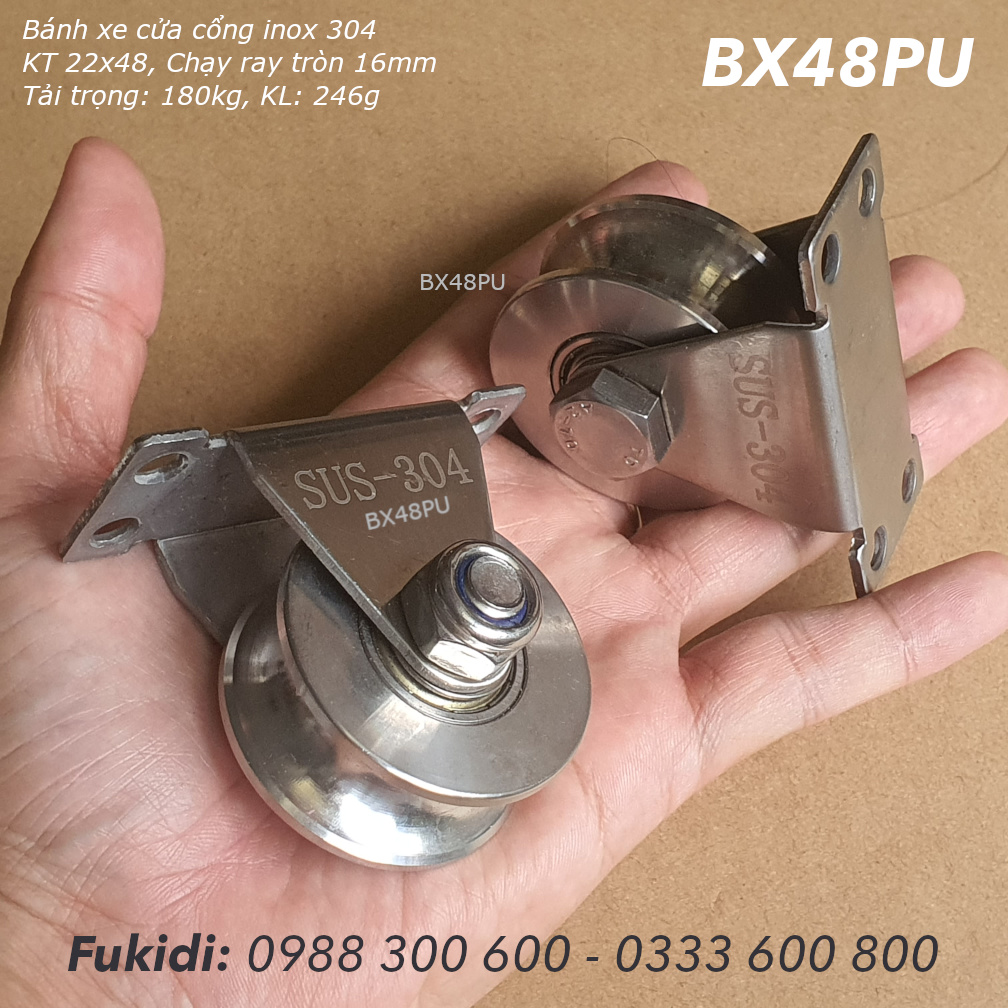Bánh xe cửa cổng inox 304 KT 22x48, chạy ray tròn phi 16mm, tải trọng 180kg  - BX48PU