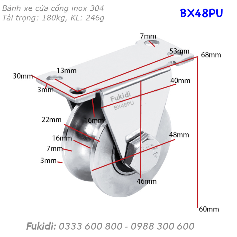 Bánh xe cửa cổng inox 304 KT 22x48, chạy ray tròn phi 16mm, tải trọng 180kg  - BX48PU