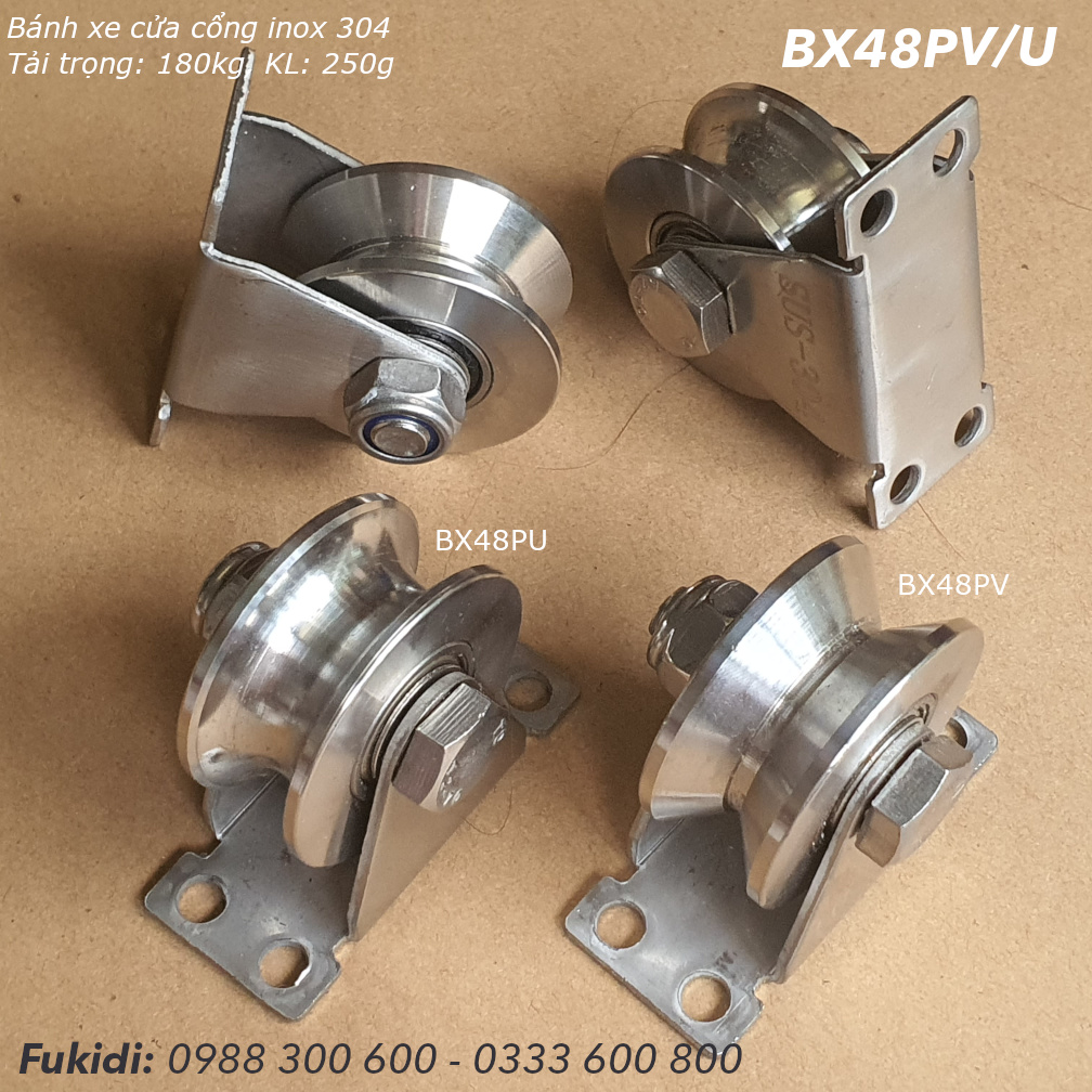 Bánh xe cửa cổng inox 304 KT 22x48, chạy ray tròn phi 16mm, tải trọng 180kg  - BX48PU