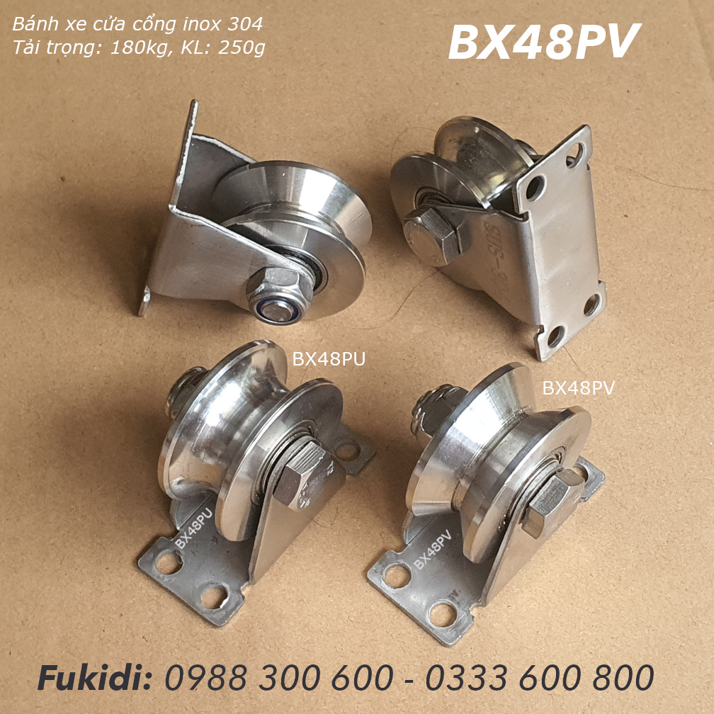 Bánh xe cửa cổng inox 304 KT 22x48, chạy ray tròn phi 16mm, tải trọng 180kg  - BX48PU