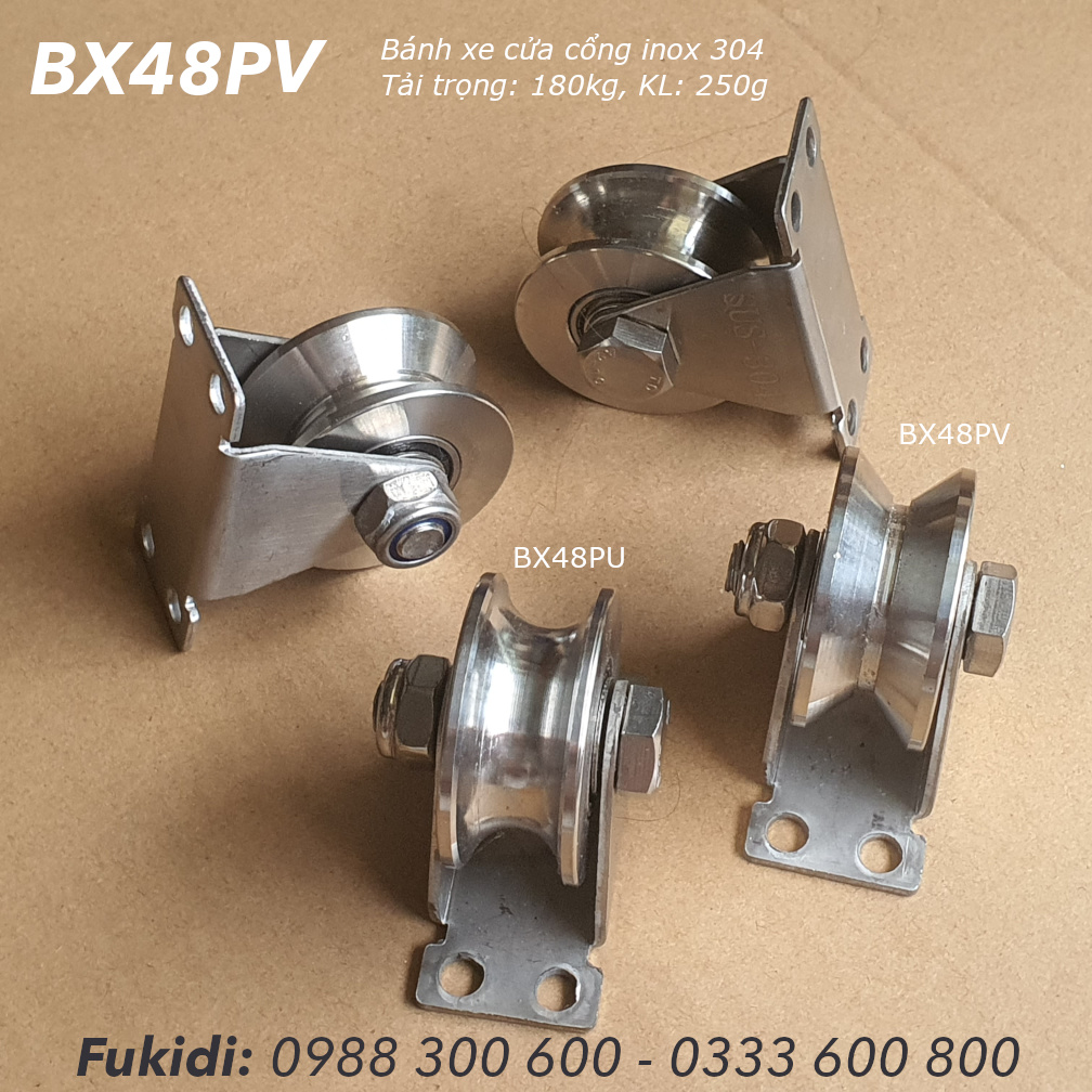 Bánh xe cửa cổng inox 304 KT 22x48, chạy ray tròn phi 16mm, tải trọng 180kg  - BX48PU