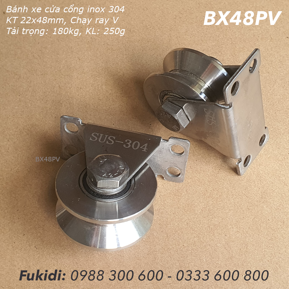 Bánh xe cửa cổng inox 304 KT 22x48, ray V, tải trọng 180kg  - BX48PV