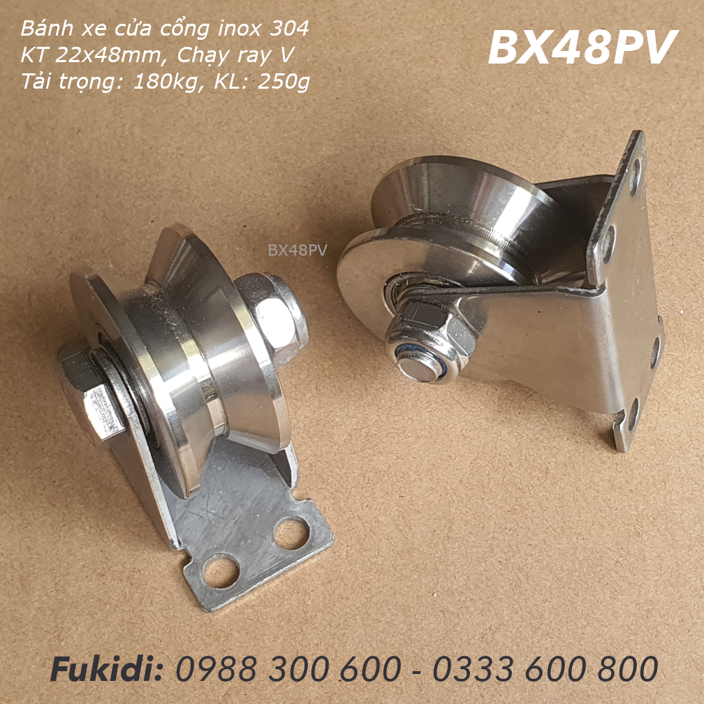 Bánh xe cửa cổng inox 304 KT 22x48, ray V, tải trọng 180kg  - BX48PV