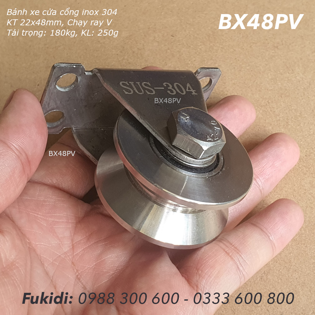 Bánh xe cửa cổng inox 304 KT 22x48, ray V, tải trọng 180kg  - BX48PV