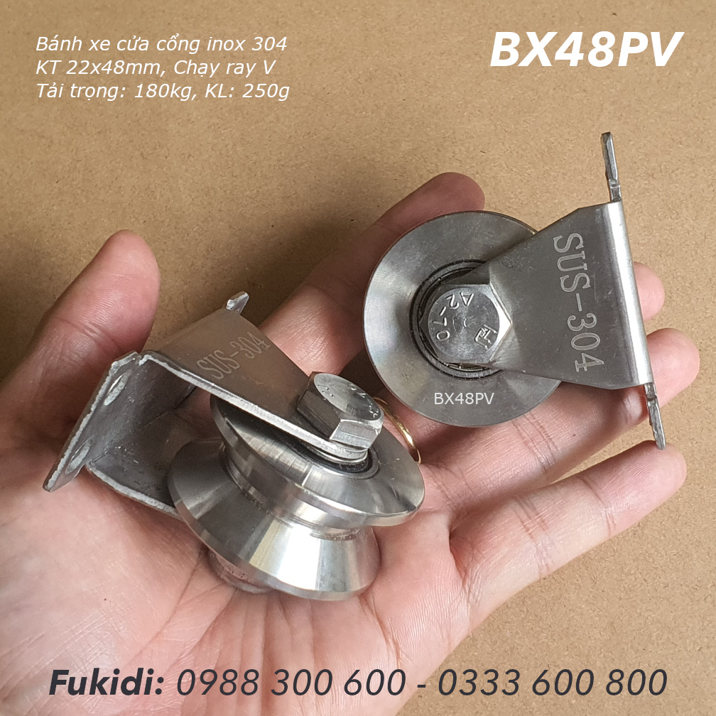 Bánh xe cửa cổng inox 304 KT 22x48, ray V, tải trọng 180kg  - BX48PV