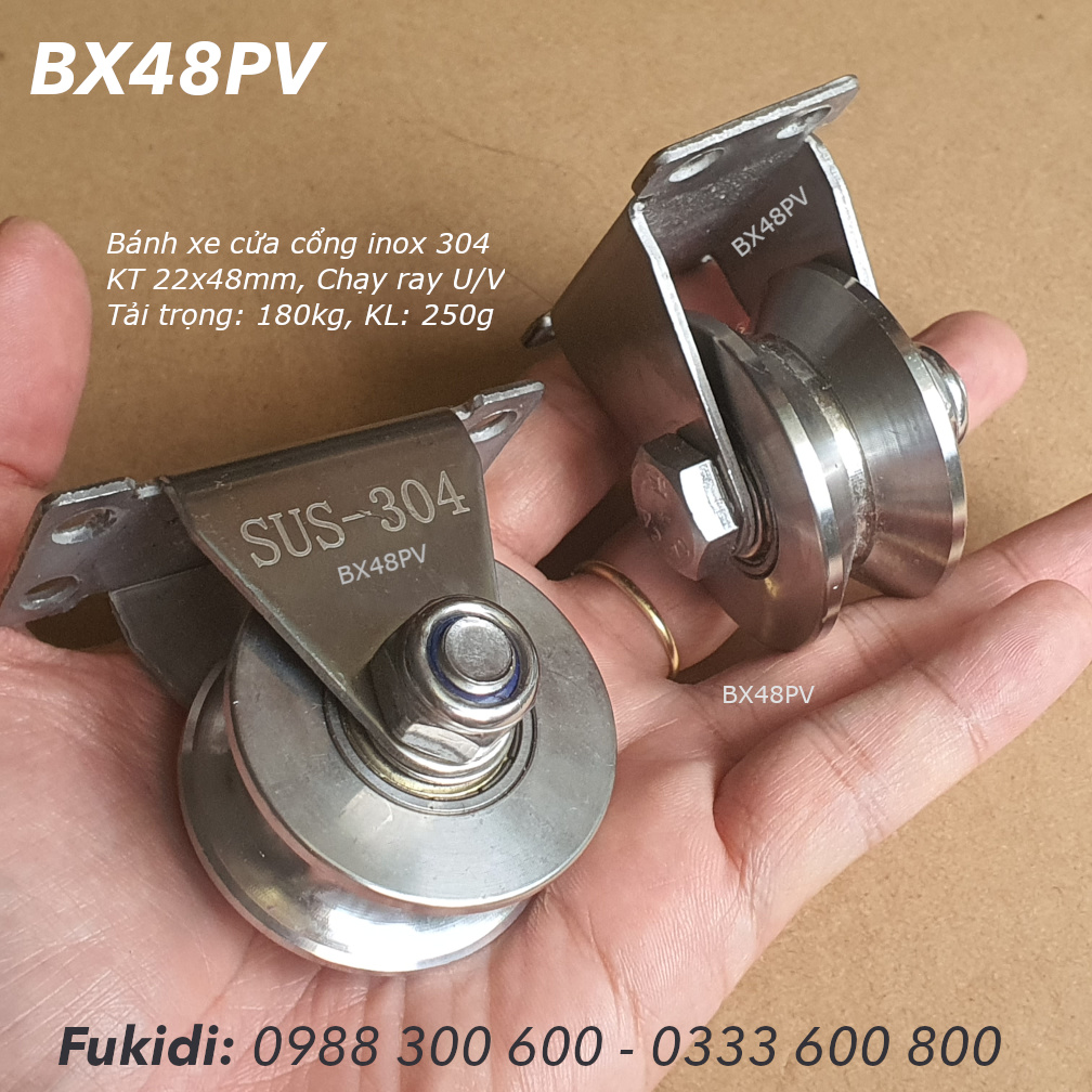 Bánh xe cửa cổng inox 304 KT 22x48, ray V, tải trọng 180kg  - BX48PV