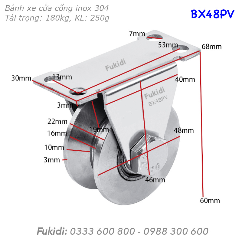 Bánh xe cửa cổng inox 304 KT 22x48, ray V, tải trọng 180kg  - BX48PV