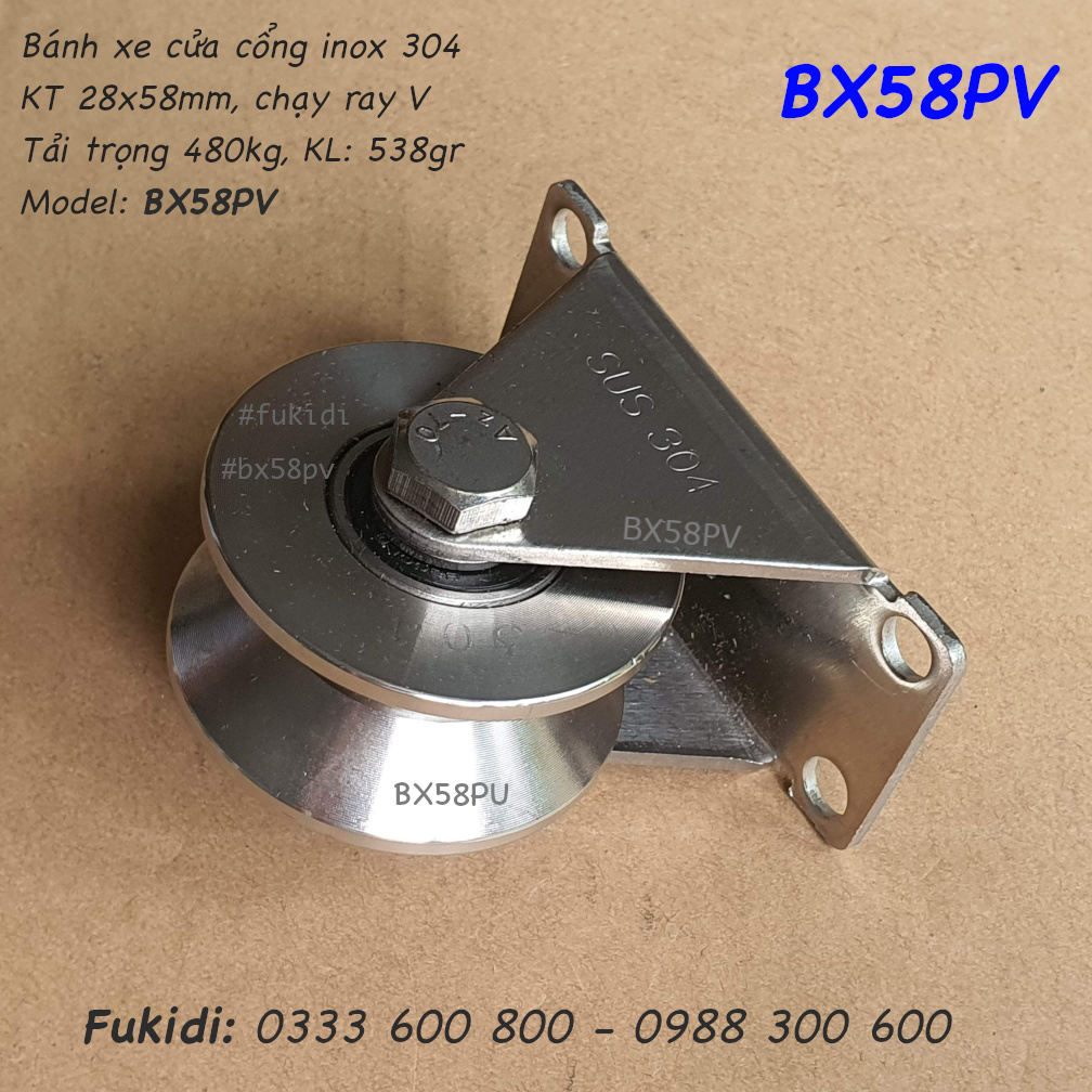 Bánh xe cửa cổng inox 304 KT 30x58mm chạy ray V tải trọng 480kg - BX58PV