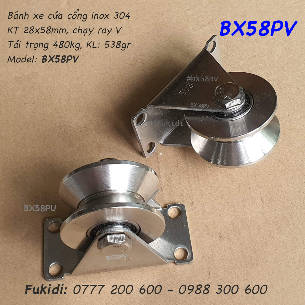 Bánh xe cửa cổng inox 304 KT 30x58mm chạy ray V tải trọng 480kg - BX58PV