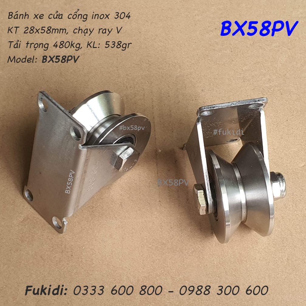Bánh xe cửa cổng inox 304 KT 30x58mm chạy ray V tải trọng 480kg - BX58PV