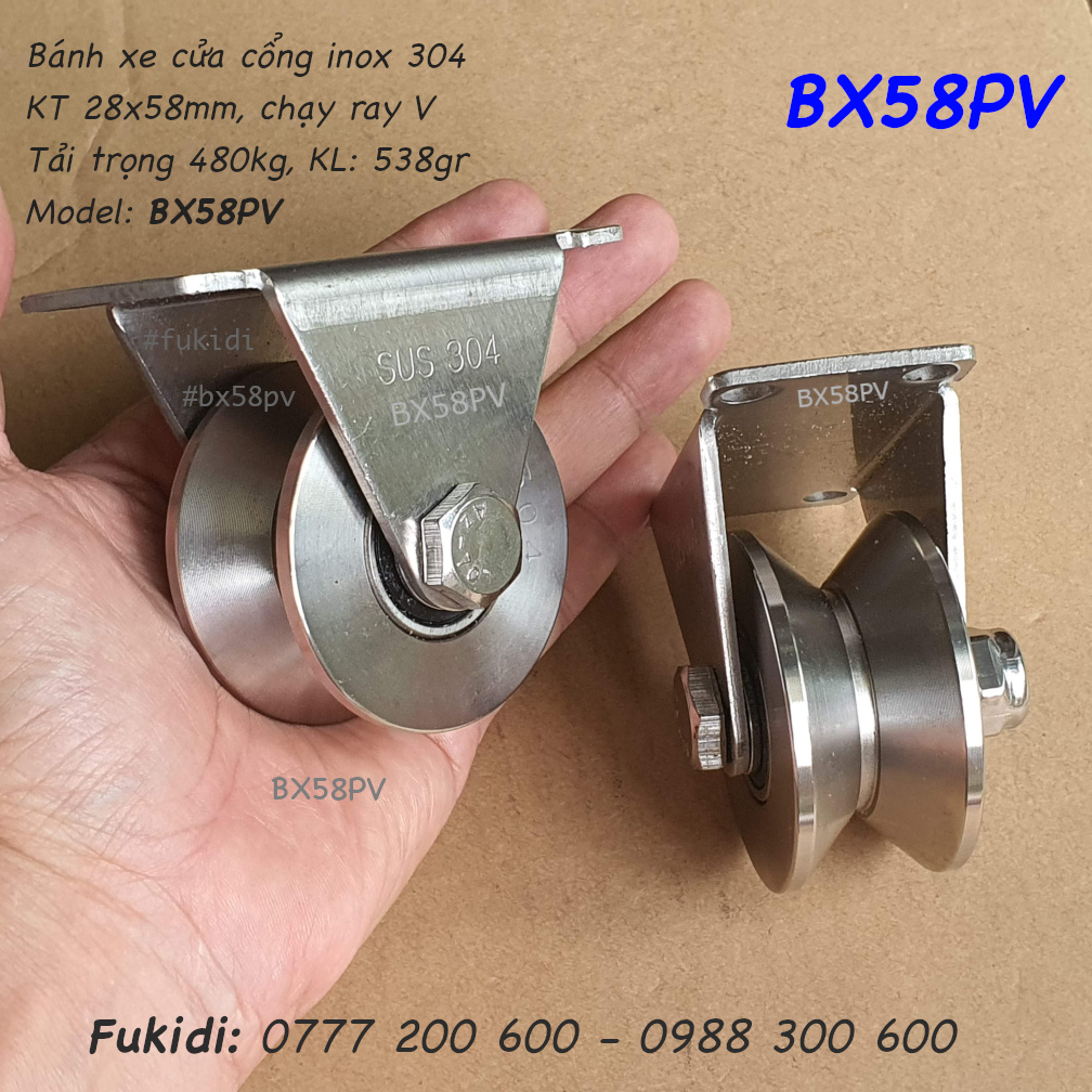 Bánh xe cửa cổng inox 304 KT 30x58mm chạy ray V tải trọng 480kg - BX58PV