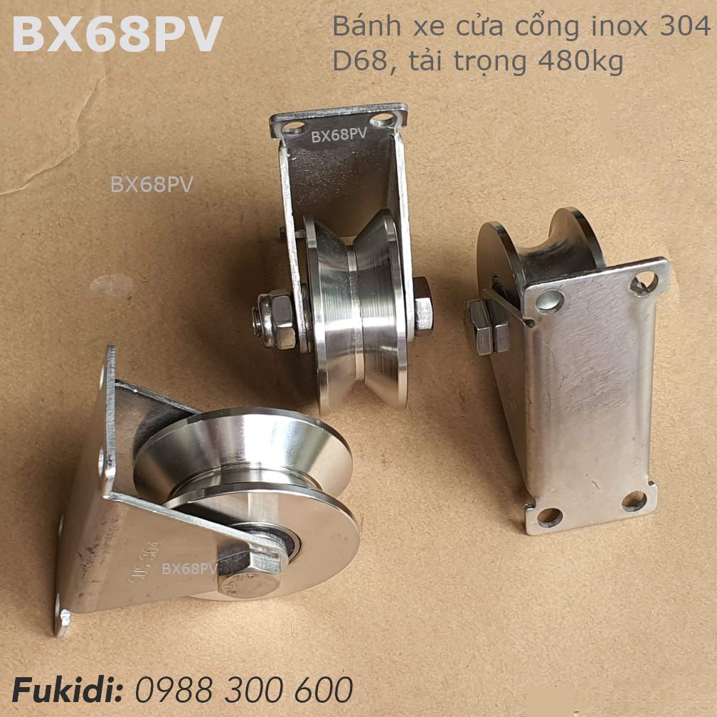 Bánh xe cửa cổng inox 304 KT 30x68mm chạy ray V tải trọng 500kg - BX68PV