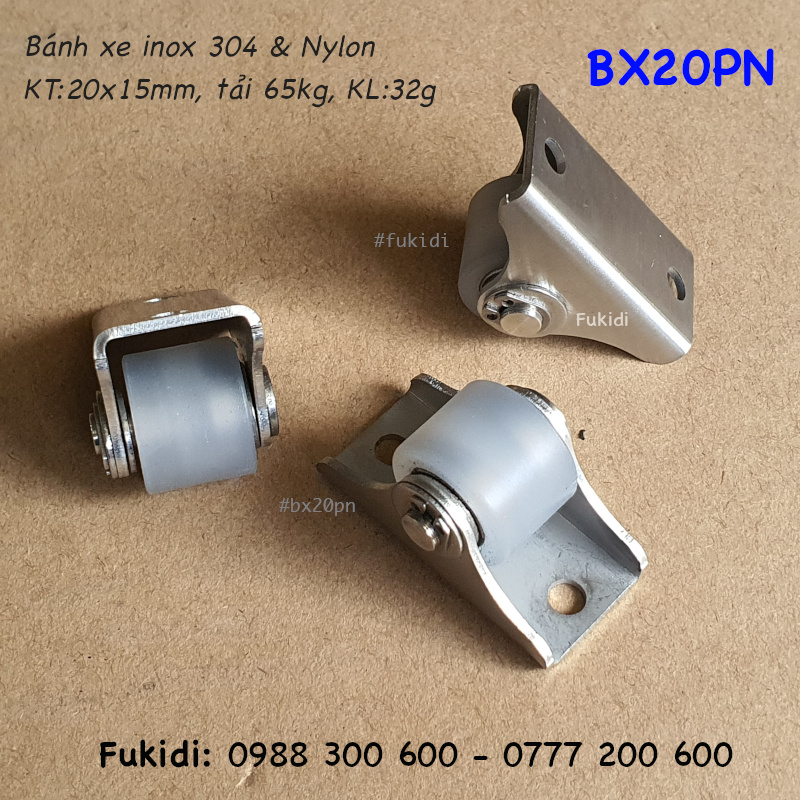 Bánh xe nylon, khung inox 304, KT 20x15mm, tải trọng 65kg - BX20PN