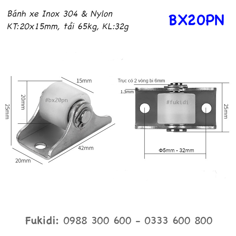 Bánh xe nylon, khung inox 304, KT 20x15mm, tải trọng 65kg - BX20PN