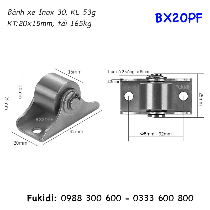 Bánh xe inox 304, KT bánh xe 20x15mm, tải trọng 160kg - BX20PF