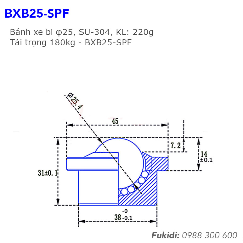 Chi tiết kích thước bánh xe bi BXB25-SPF (BXB25SPF)