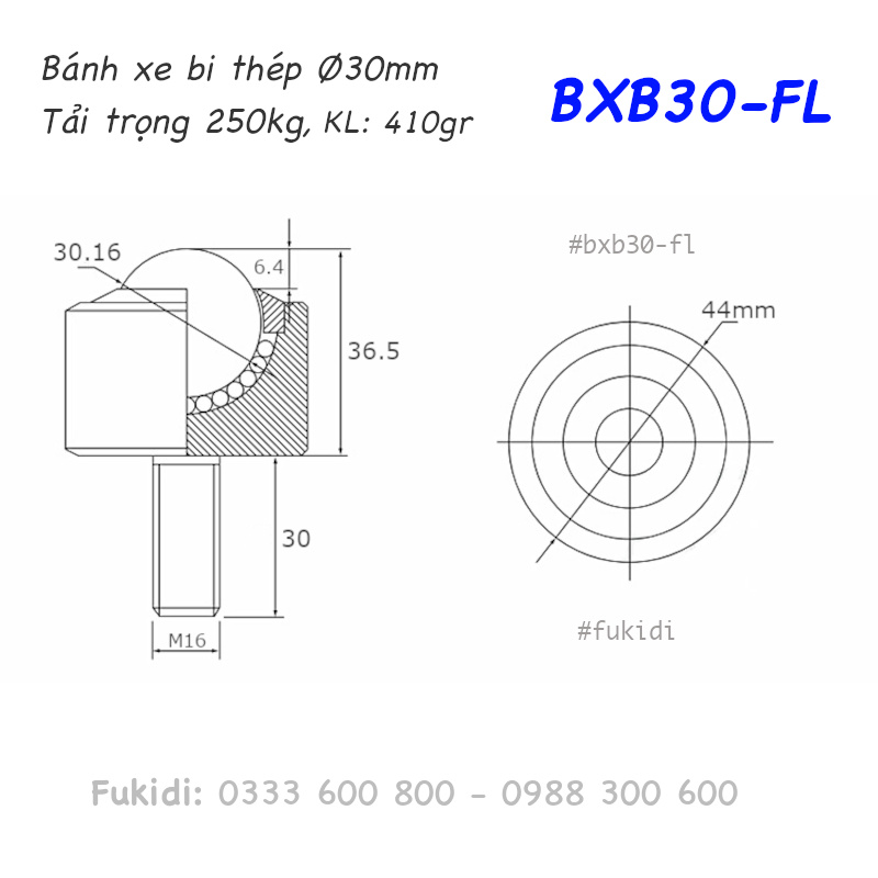 Bánh xe bi đa hướng phi 30, tải trọng 300kg - BXB30-FL