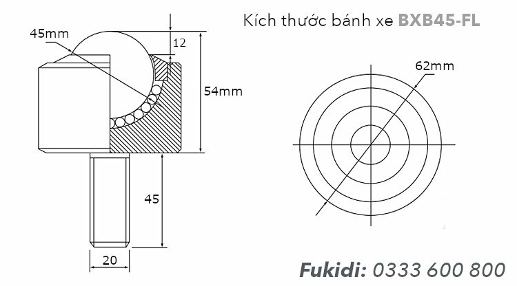 Bánh xe bi thép phi 45, tải trọng 450kg - BXB45-FL