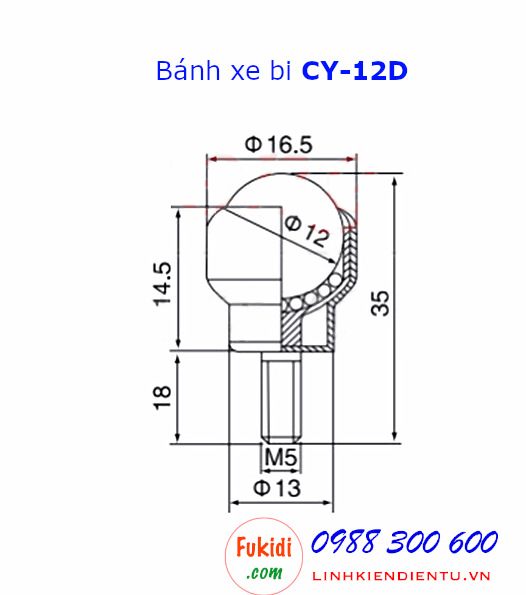 Chi tiết kích thước của bánh xe bi đa hướng CY-12D
