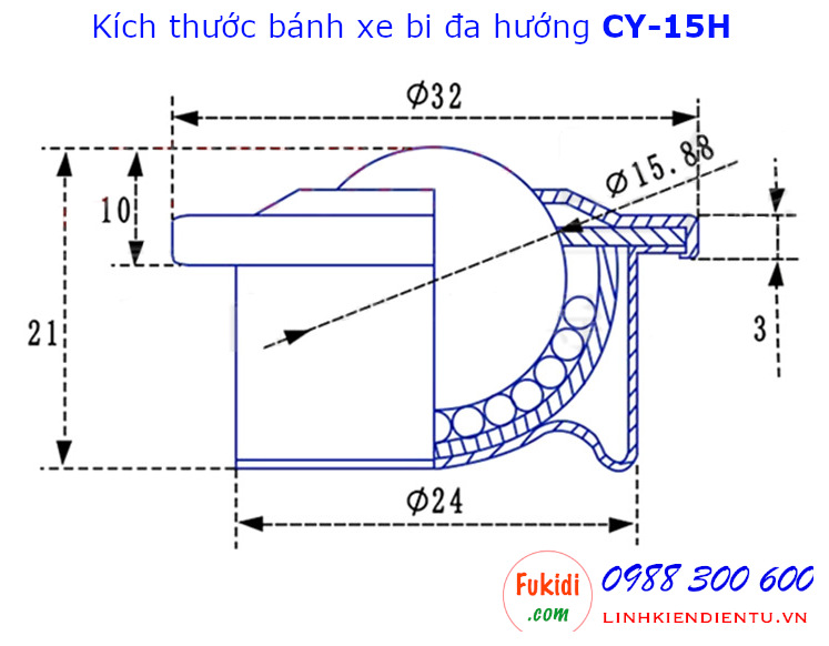 Bánh xe bi cầu nylon CY-15H bi nylon phi 15mm vỏ thép, tải trọng 15kg - CY15HP