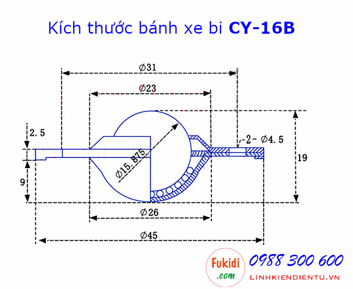 Bánh xe bi cầu inox 304, Ø16mm kích thước tròn 45x19mm tải trọng 15kg model CY-16B