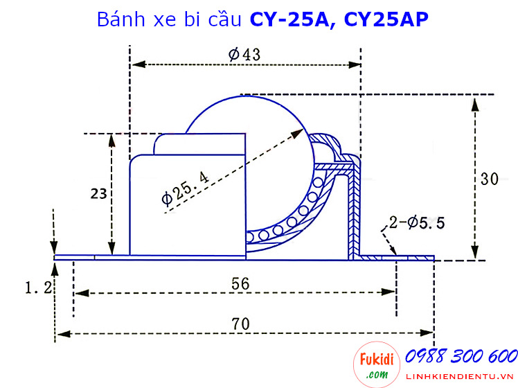 Bánh xe bi cầu inox 304, Ø25mm CY-25A tải trọng 35kg - CY25AI