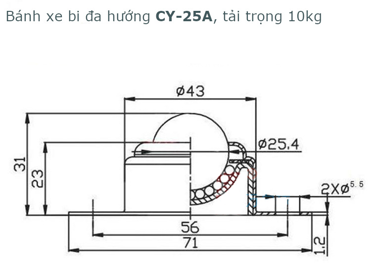Bánh xe dẫn động đa hướng bi tròn thép, CY-25A tải 30kg -CY25A
