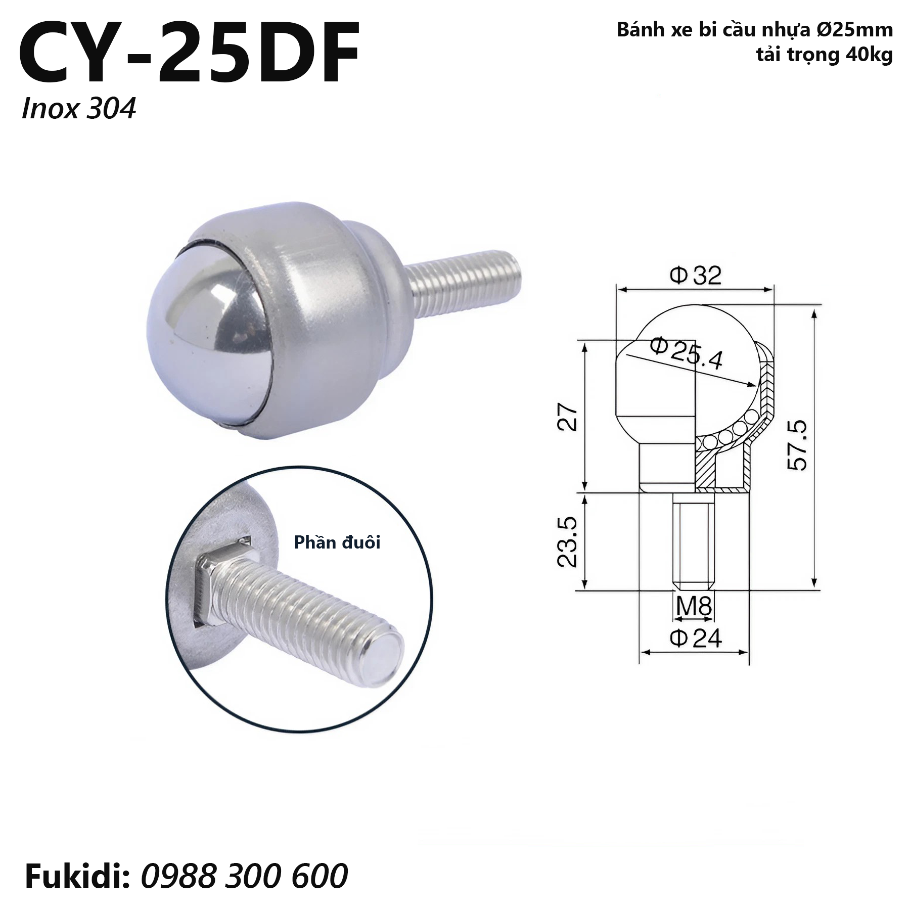Bánh xe mắt trâu CY-25D phi 25mm chất liệu inox 304 tải trọng 40kg - CY25DF