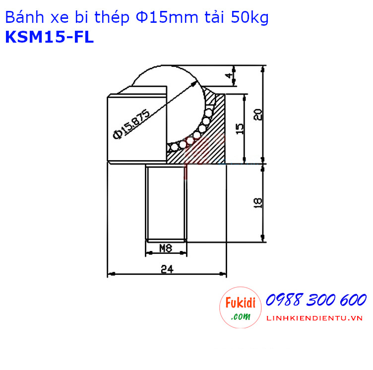 Bánh xe bi cầu KSM15-FL bi thép phi 15mm, tải trọng 50kg - KSM15FL