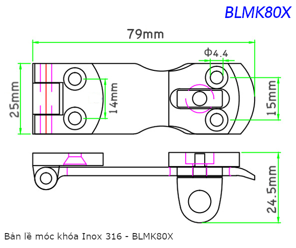 Bản lề móc khóa Inox 316, KT 25x79 dày 3mm - BLMK80X